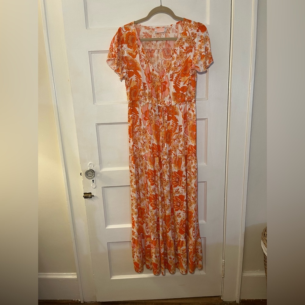 Orange floral dress - 70s print maxi dress with tie and flutter sleeves - Size L